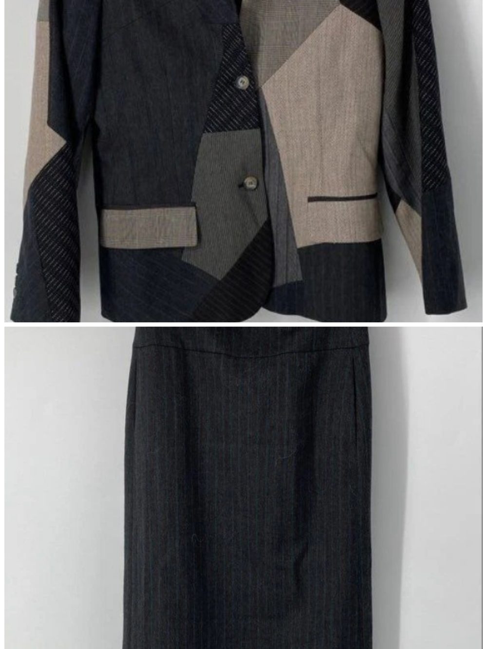 Harve Benard Wool Patchwork Blazer  Pinstripe Pencil Skirt Multicolor Set  8/10